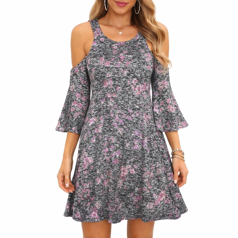BeBop Gray Pink Floral Cold Shoulder Swing Dress Women’s Small NWT